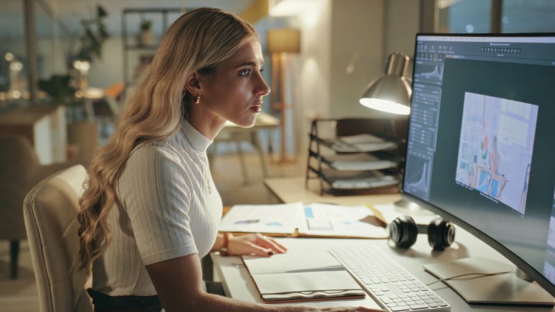 blonde mevrouw zit achter de computer om haar foto's te bewerken op de pc